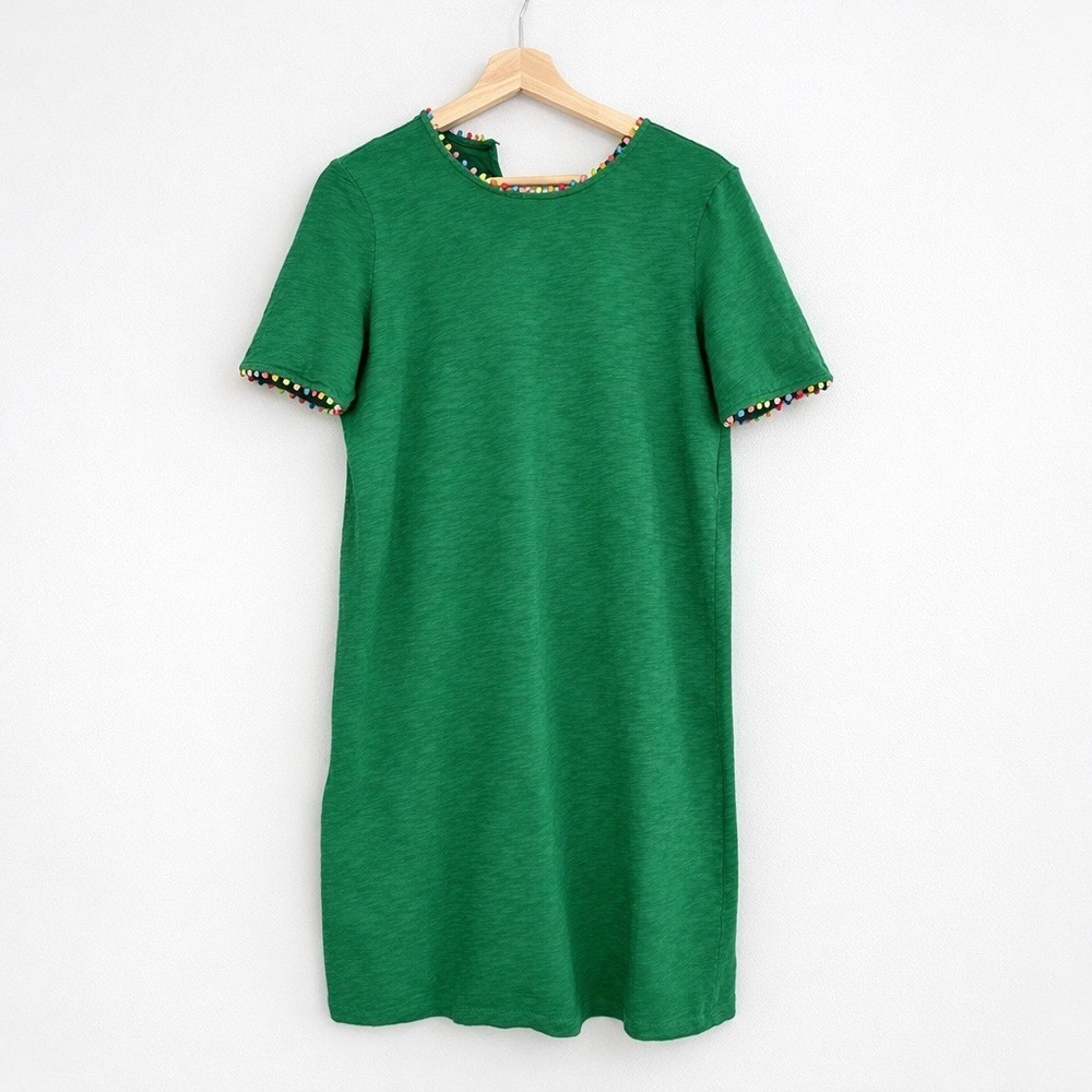 Boden Green Tshirt Dress Short Sleeves Colored Pom Pom Trim Size 6